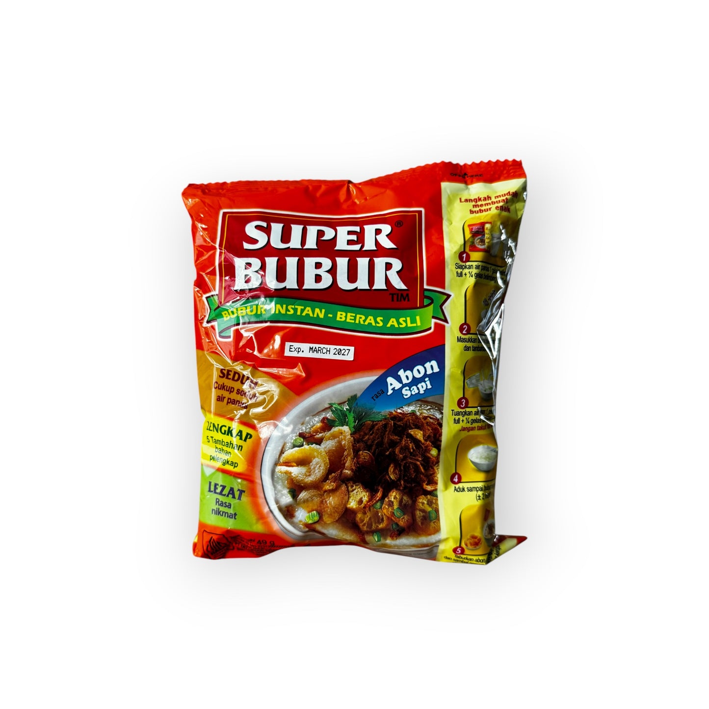 Fertiggericht Super Bubur Rasa Abon Sapi von Amboina B.V, zeigt eine Schüssel mit würzigem Rindfleisch-Abon auf Reis.