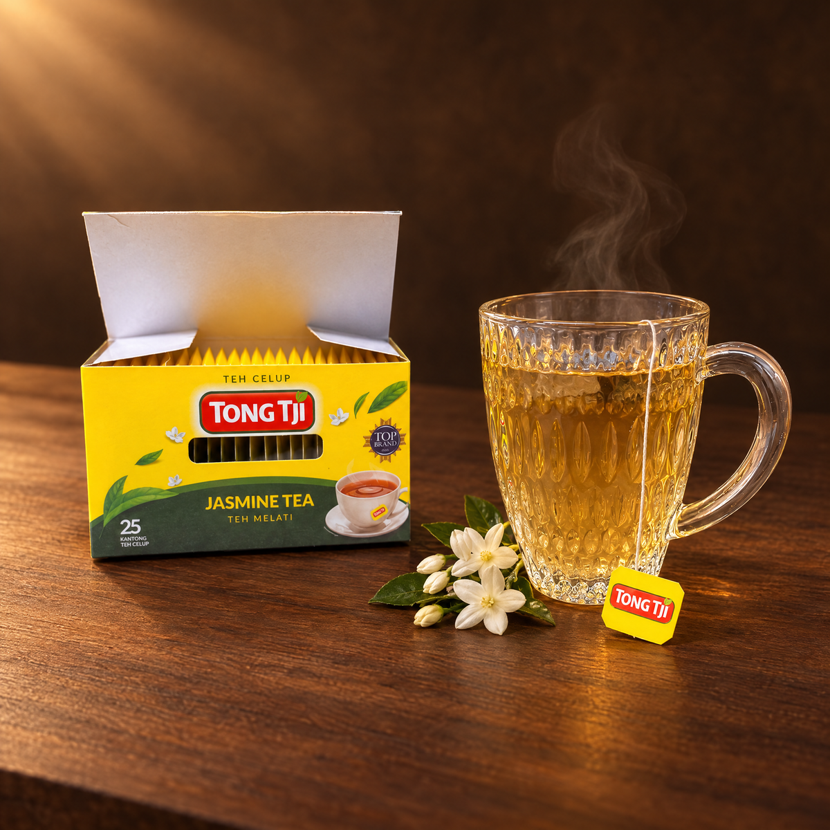 Tong Tji Jasmin Teh 25 Teebeutel – Packung mit Jasmintee im Glas
