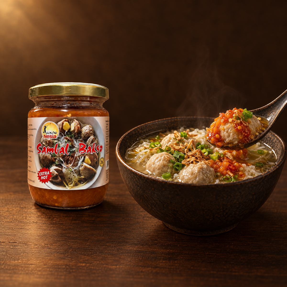 Sambal Bakso Extra Hot – Packung mit angerichtetem Bakso