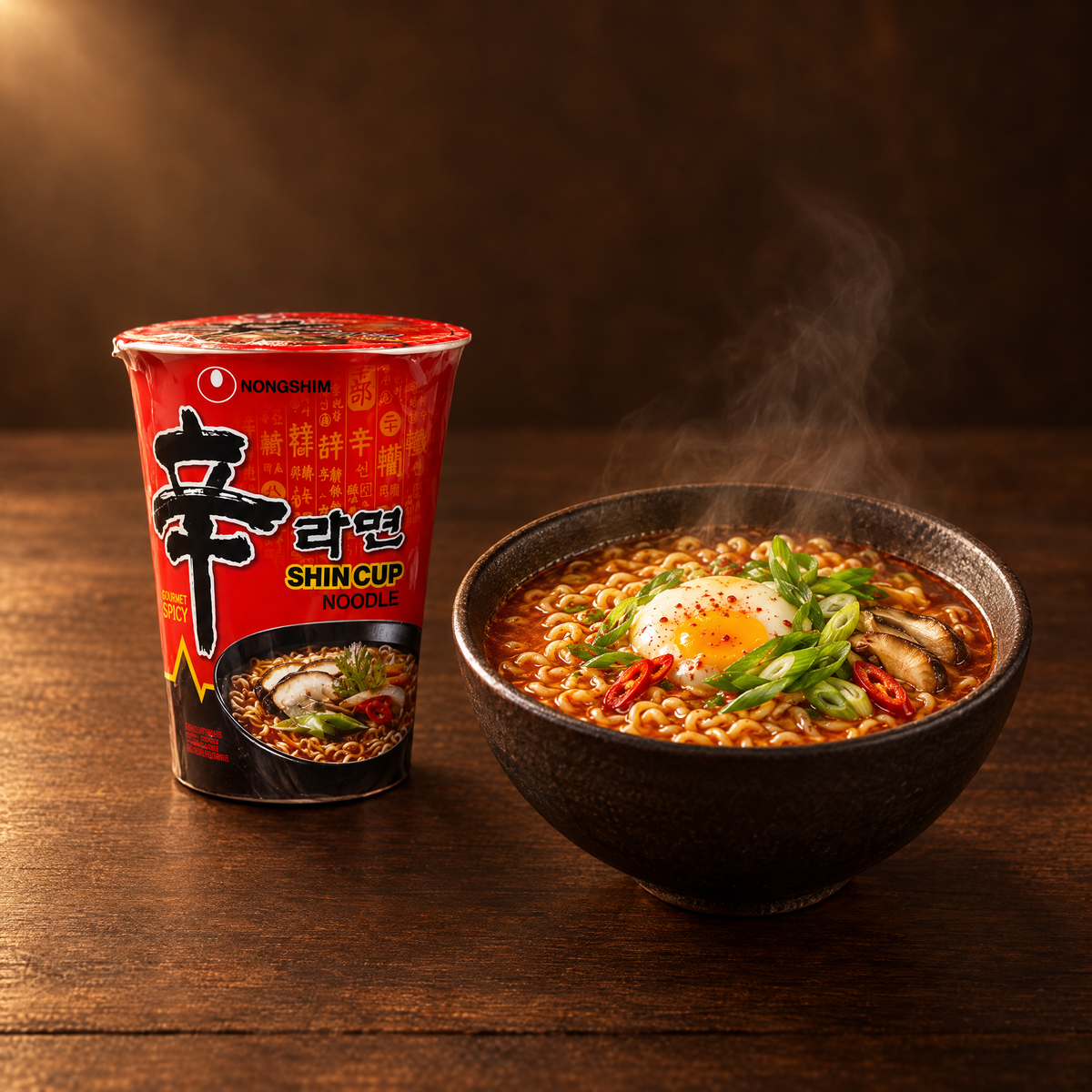 Nong Shim Instant Cup Noodle Spicy – Becher mit zubereiteten Nudeln