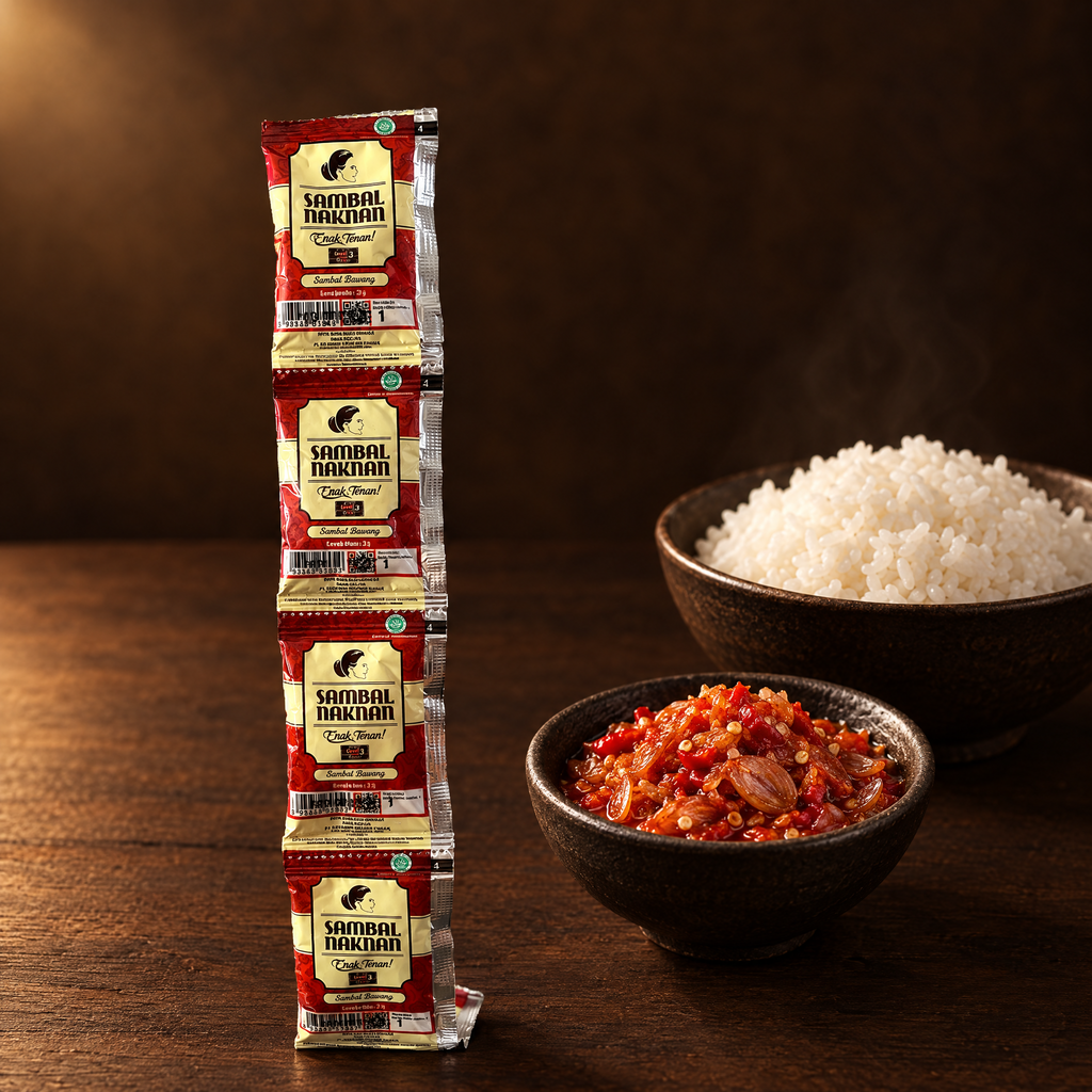 Sambal NAKNAN Sambal Bawang Level 3 Sachet – Packung mit angerichtetem Sambal