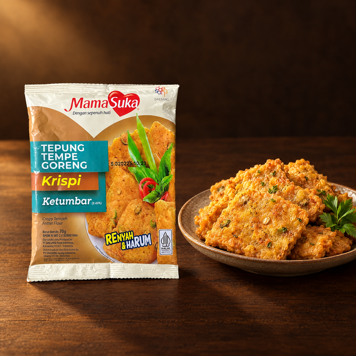 Mamasuka Tepung Tempe Goreng Krispi 70 g – Packung mit frittiertem Tempe
