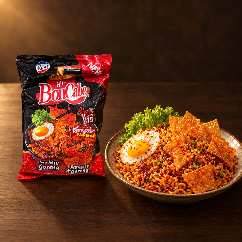 Kobe Mie Instant Boncabe Level 15 mit Pangsit Goreng 120 g – Packung mit zubereiteten Nudeln