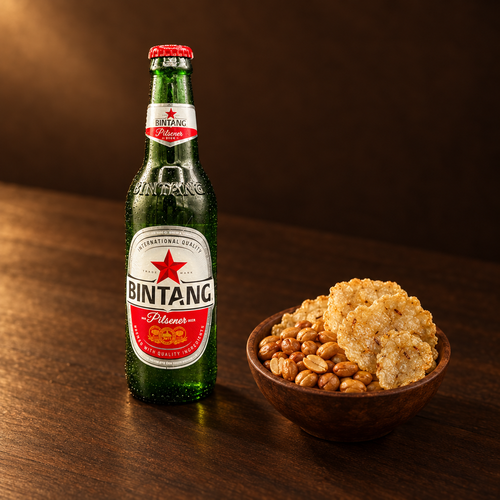 Bir Bintang 330 ml – Flasche mit Erdnüssen und Emping als Snack