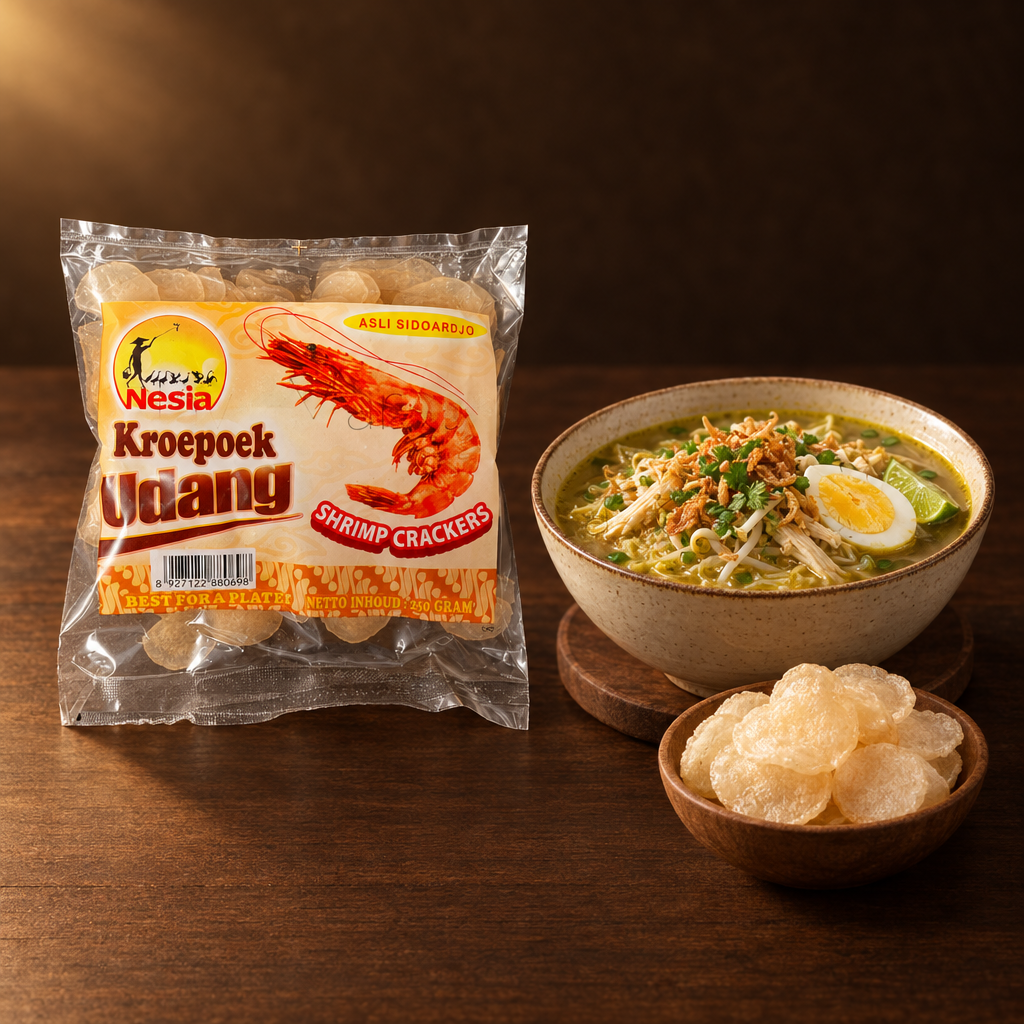 Kerupuk Udang 4 cm 250g – Packung mit Soto-Suppe und Crackern