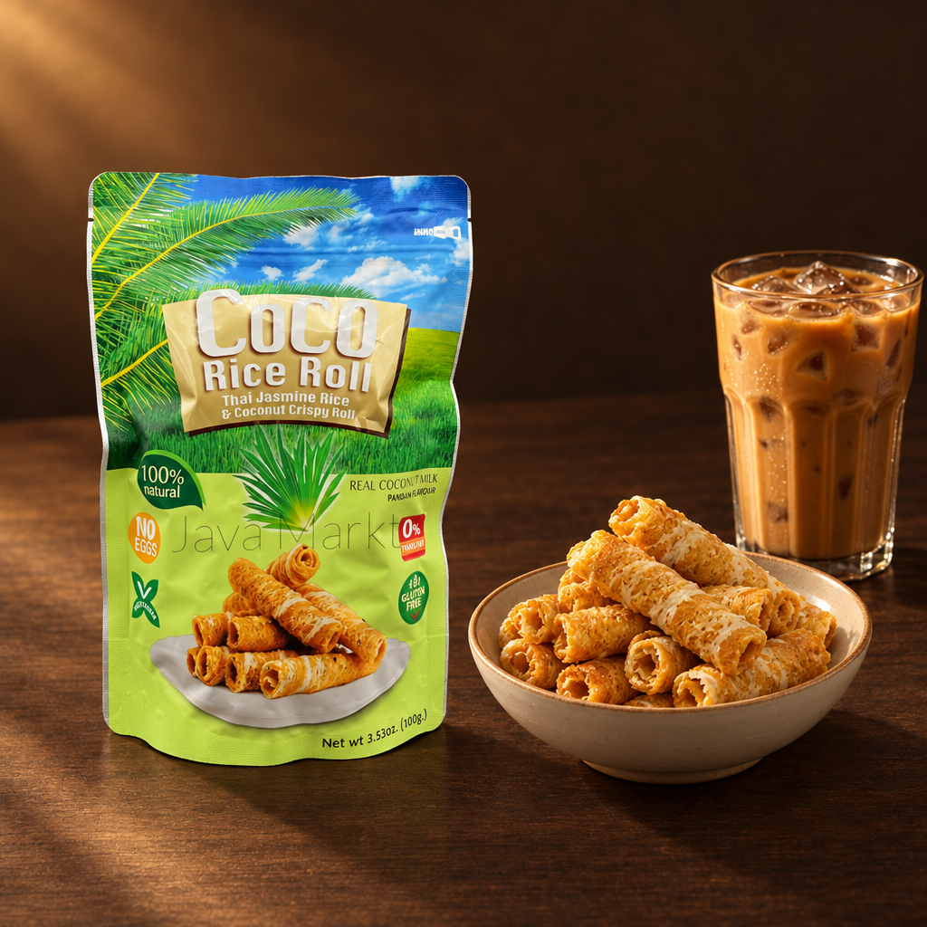 Coco Crispy Rice Roll Pandan 100 g – Packung mit Schälchen und Eiskaffee