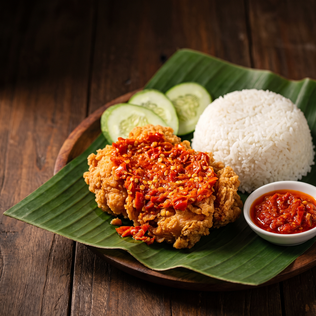 Serviervorschlag: Ayam Geprek mit Sambal Geprek und Reis