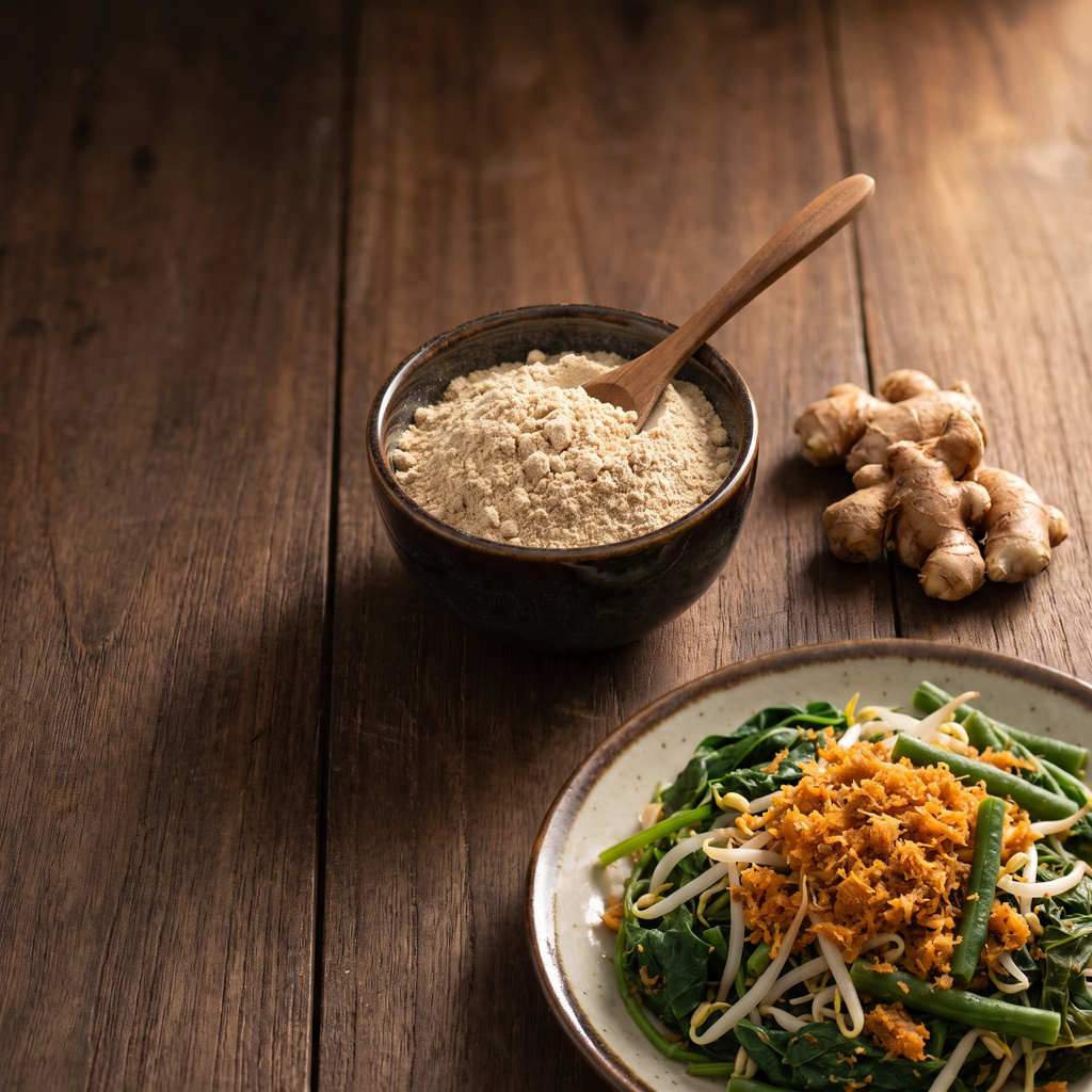 Serviervorschlag: Kencur-Pulver mit frischem Kencur und Urap