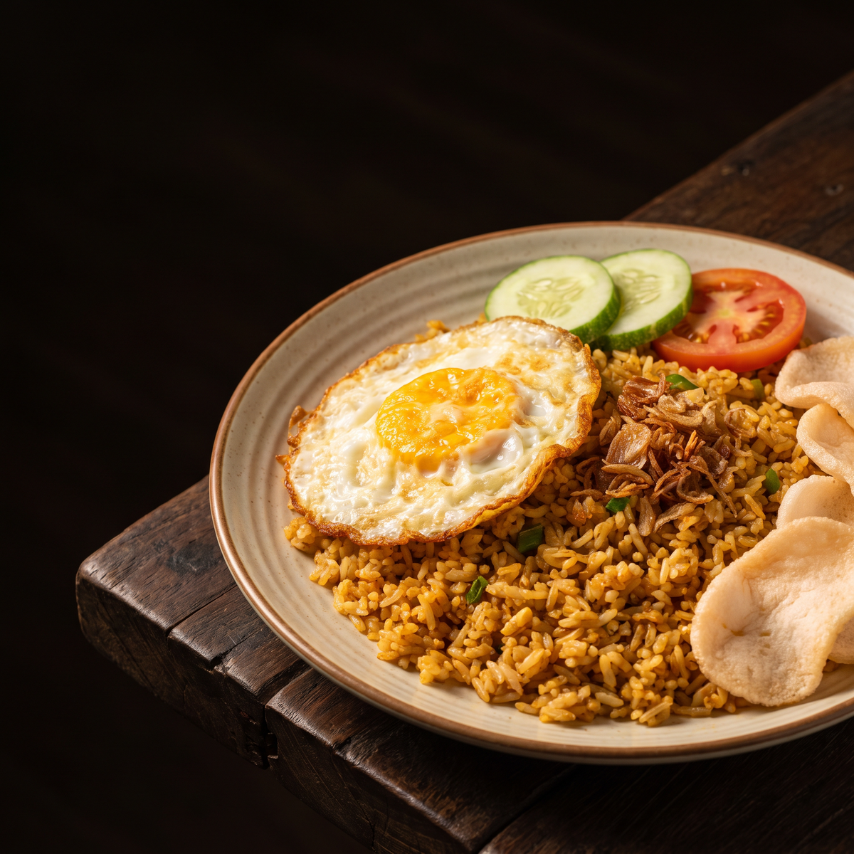 Serviervorschlag: Nasi Goreng Kampung mit Spiegelei, Gurke und Kerupuk
