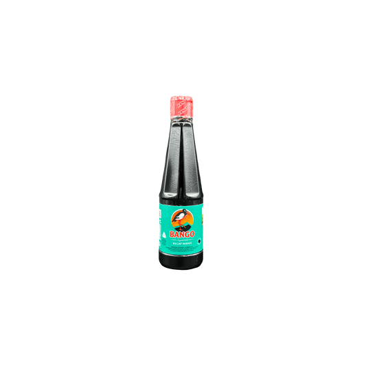 Nesia Food Bango Kecap Manis, dunkle süße Sojasoße in Flasche, typisch für indonesische Küche, sichtbar in der Verpackung