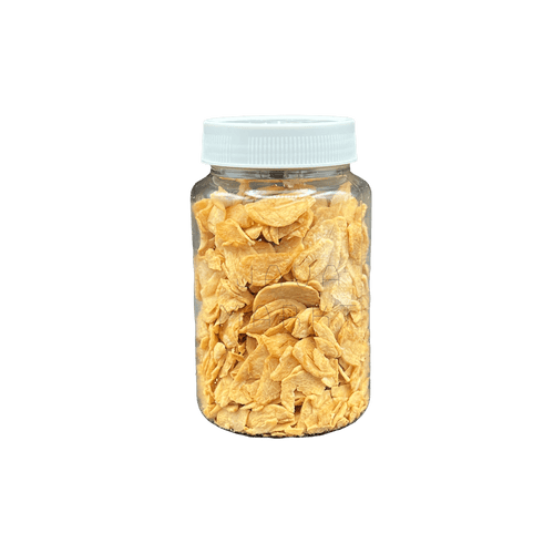 Knusprige, goldene gebratene Knoblauchstücke von Nesia Food, ideal zum Verfeinern von Gerichten, Lebensmittel.