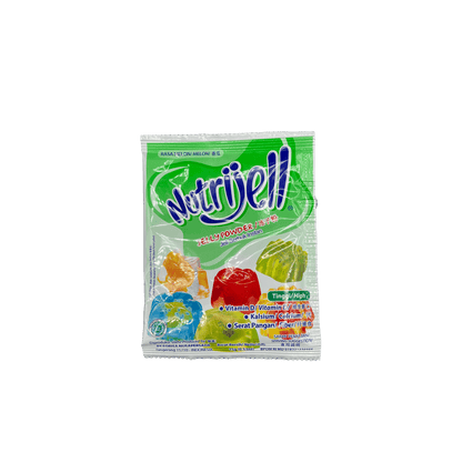 Nesia Food Nutrijell Gelee-Pulver mit Melonengeschmack, Lebensmittel, Nahaufnahme der Verpackung und Pulver in einer Schüssel