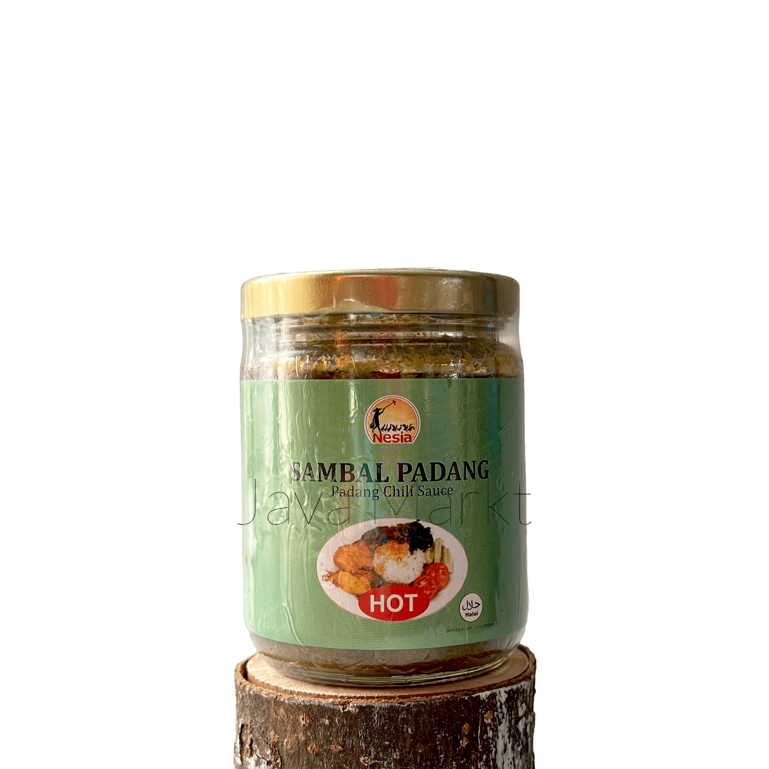 Nesia Sambal Hijau Padang in Glas, grüne scharfe Sambal-Soße mit Kräutern und Gewürzen für asiatische Gerichte, Nahaufnahme