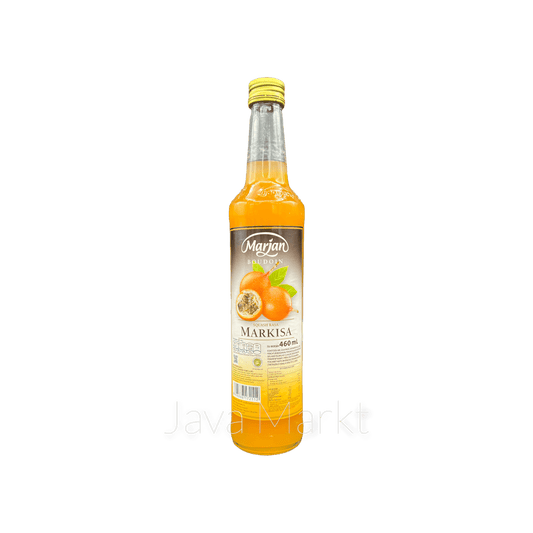 Marjan Sirup Markisa von Nesia Food in Flasche, zeigt den gelben Markisa-Fruchtsirup für Getränke und Desserts