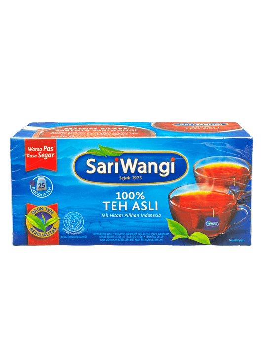 Sari Wangi Teh Asli von Nesia, eine Packung mit Tees & Aufgüsse, frisch und aromatisch in einer weißen Verpackung.