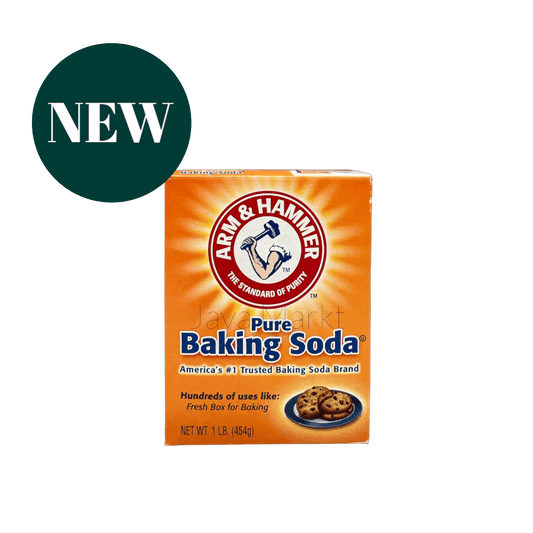 Backpulver von Arm & Hammer, Vanka Kawat, für Kochen und Backen, in einer transparenten Verpackung.