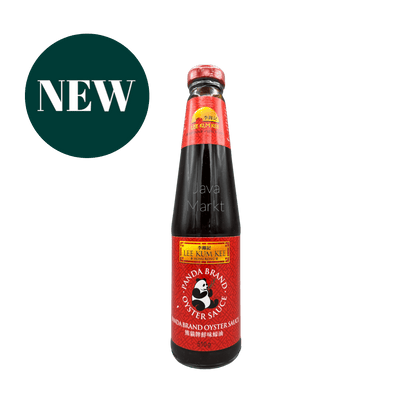 Oystersauce von Lee Kum Kee, Panda Brand, in einer Flasche, ideal für asiatische Gerichte, auf weißem Hintergrund gezeigt