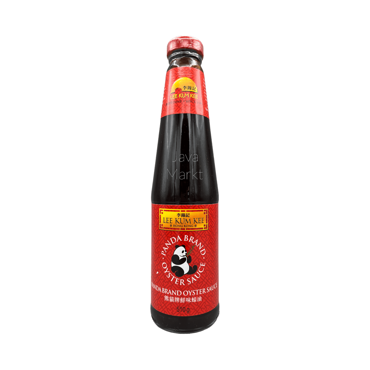 Oystersoße von Lee Kum Kee, Panda Marke, in einer Flasche, typische asiatische Sauce für die Küche, auf weißem Hintergrund.