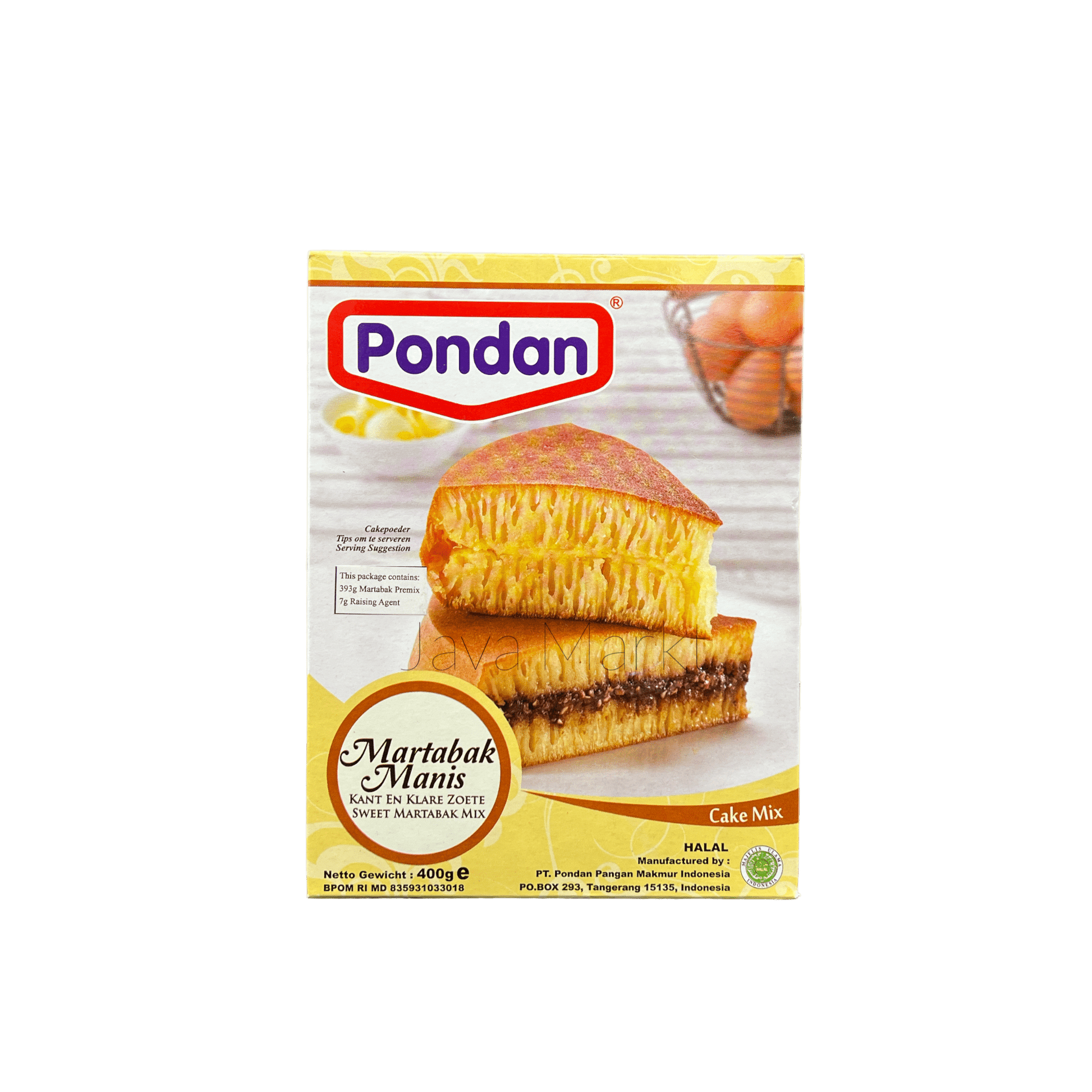 Vanka Kawat Pondan Tepung Martabak Manis, Mehl für süßen indonesischen Martabak, in einer Packung auf weißem Hintergrund